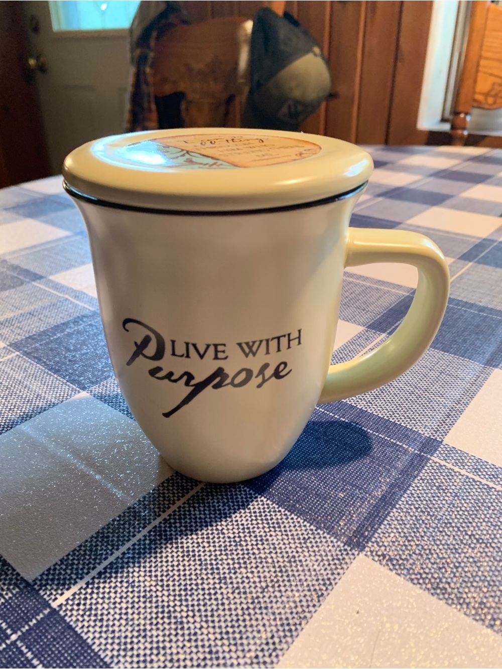 Cream 'Live With Purpose' Ceramic Mug with Lid by Abbey Gift